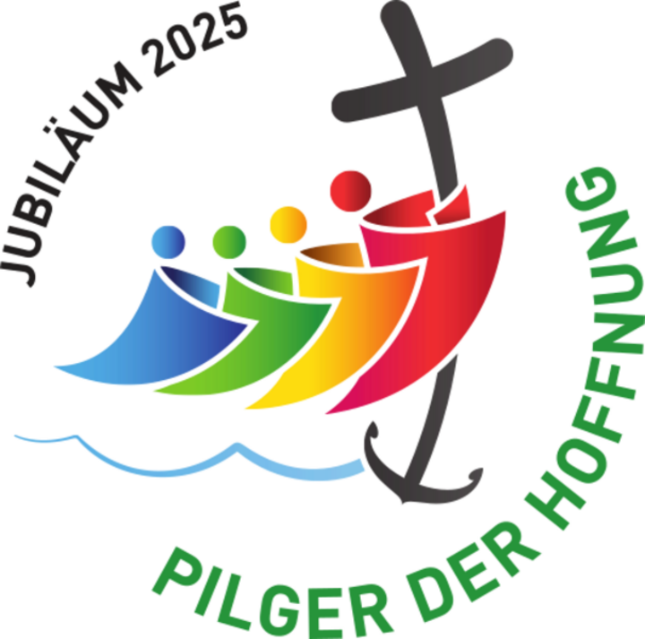 Logo des Heiligen Jahrs 2025 mit Text "Jubiläum 2025" und "Pilger der Hoffnung" mit einem Kreuz, das in einem Anker mündet und bunten stilisierten Pilgern