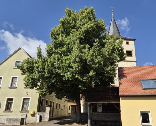 Sankt Laurentius (Eichelsee) Auf dem Bild sieht man die Sankt-Laurentius-Kirche in Eichelsee mit hohem Turm und Uhr, umgeben von traditionellen Häusern mit Ziegeldächern unter klarem blauem Himmel.
